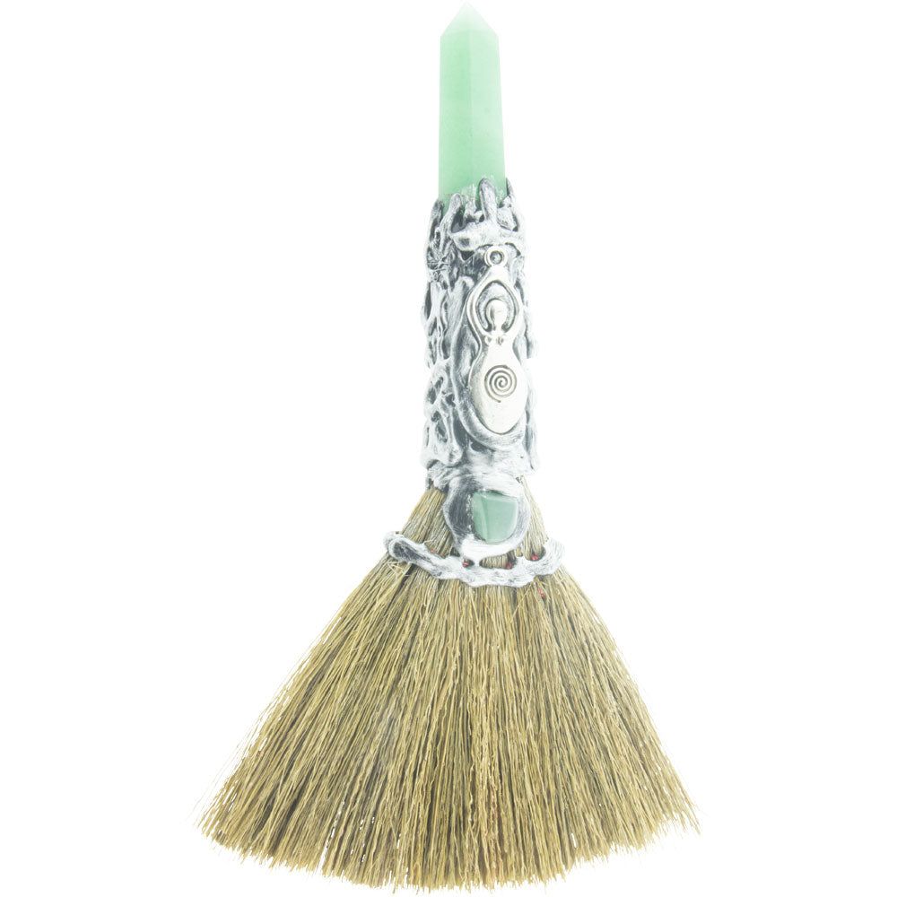 8&quot; Wicca Gemstone Broom - Green Aventurine with Silver Spiral Goddess, SKU KH-27355, UPC 7003173537…