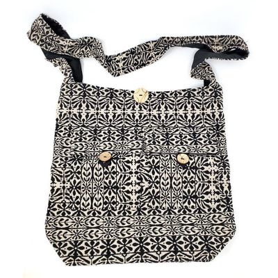 Beige &amp; Black Woven Cotton Shoulder Bag, SKU V05-NB01, UPC 700317381785
