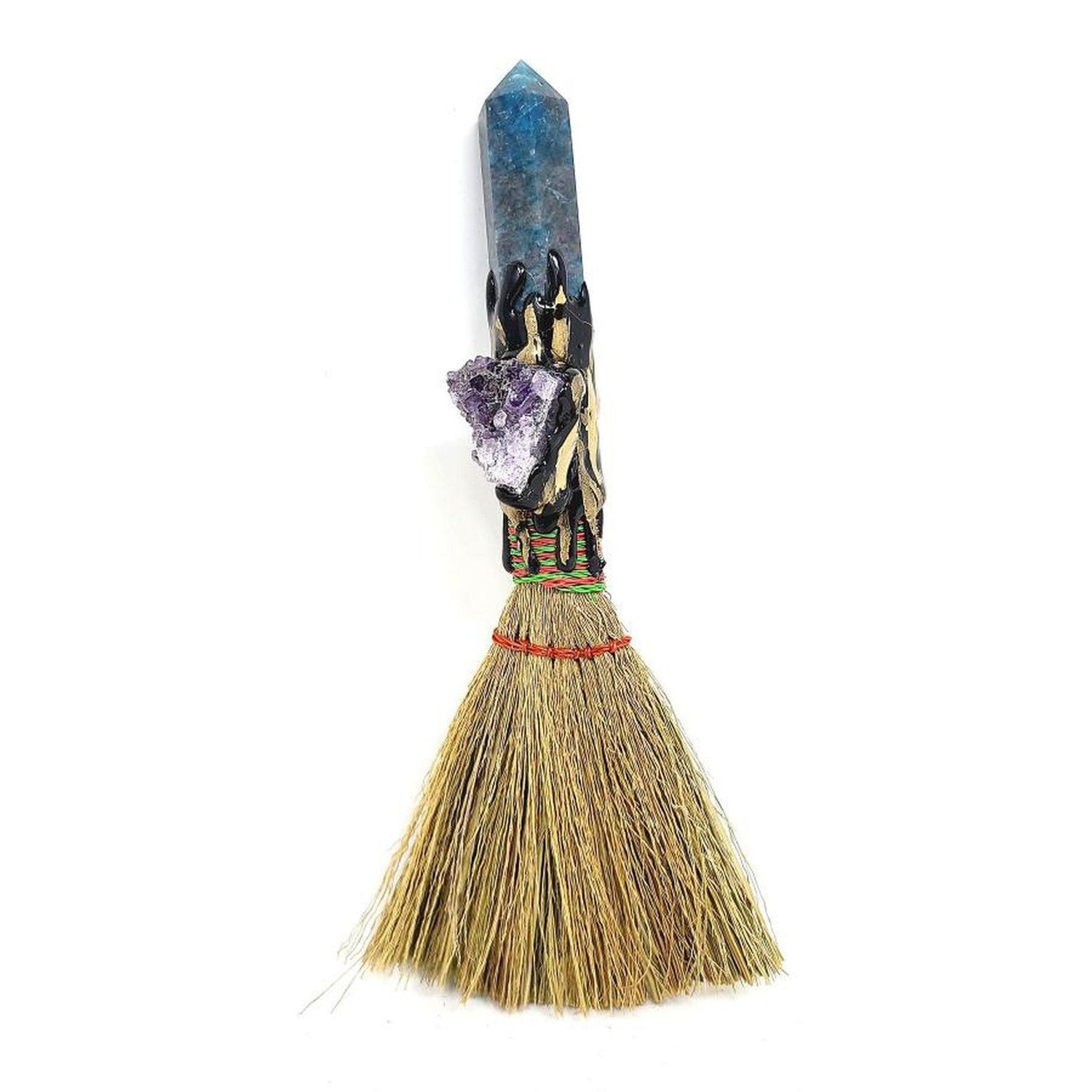 8&quot; Wicca Gemstone Broom - Apatite with Rough Amethyst, SKU T00-BRM-010, UPC 700317381457