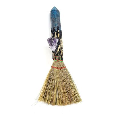 8&quot; Wicca Gemstone Broom - Apatite with Rough Amethyst, SKU T00-BRM-010, UPC 700317381457