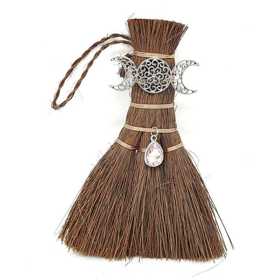6&quot; Wicca Broom - Triple Moon with Rose Quartz, SKU T00-BRM-012, UPC 700317381488