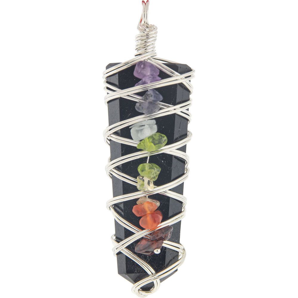 2.5&quot; Wire Wrapped Flat Pencil Point Pendant -  Black Tourmaline with Chakra Chips, SKU KH-99460, UP…