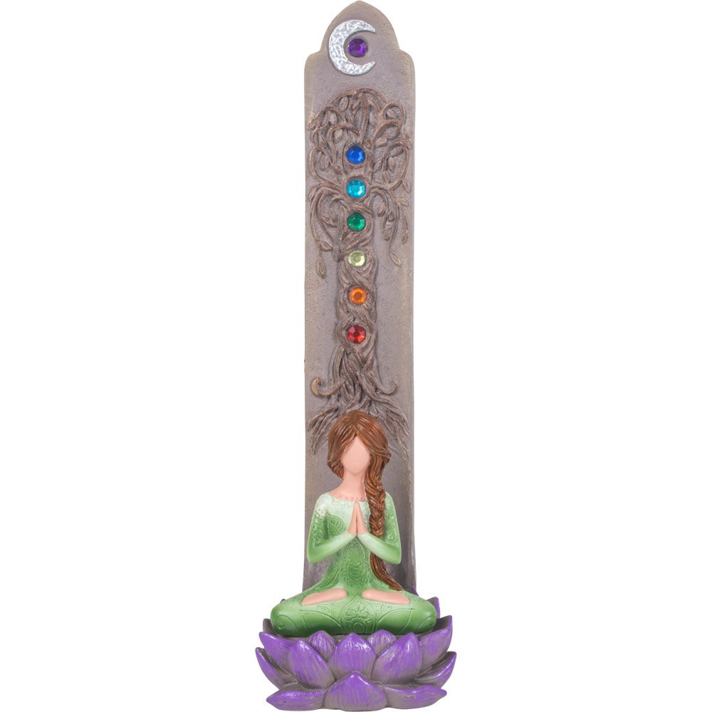 11.25&quot; Polyresin Incense Holder - Yoga Goddess with Chakra Gems, SKU KH-89760, UPC 700317376033