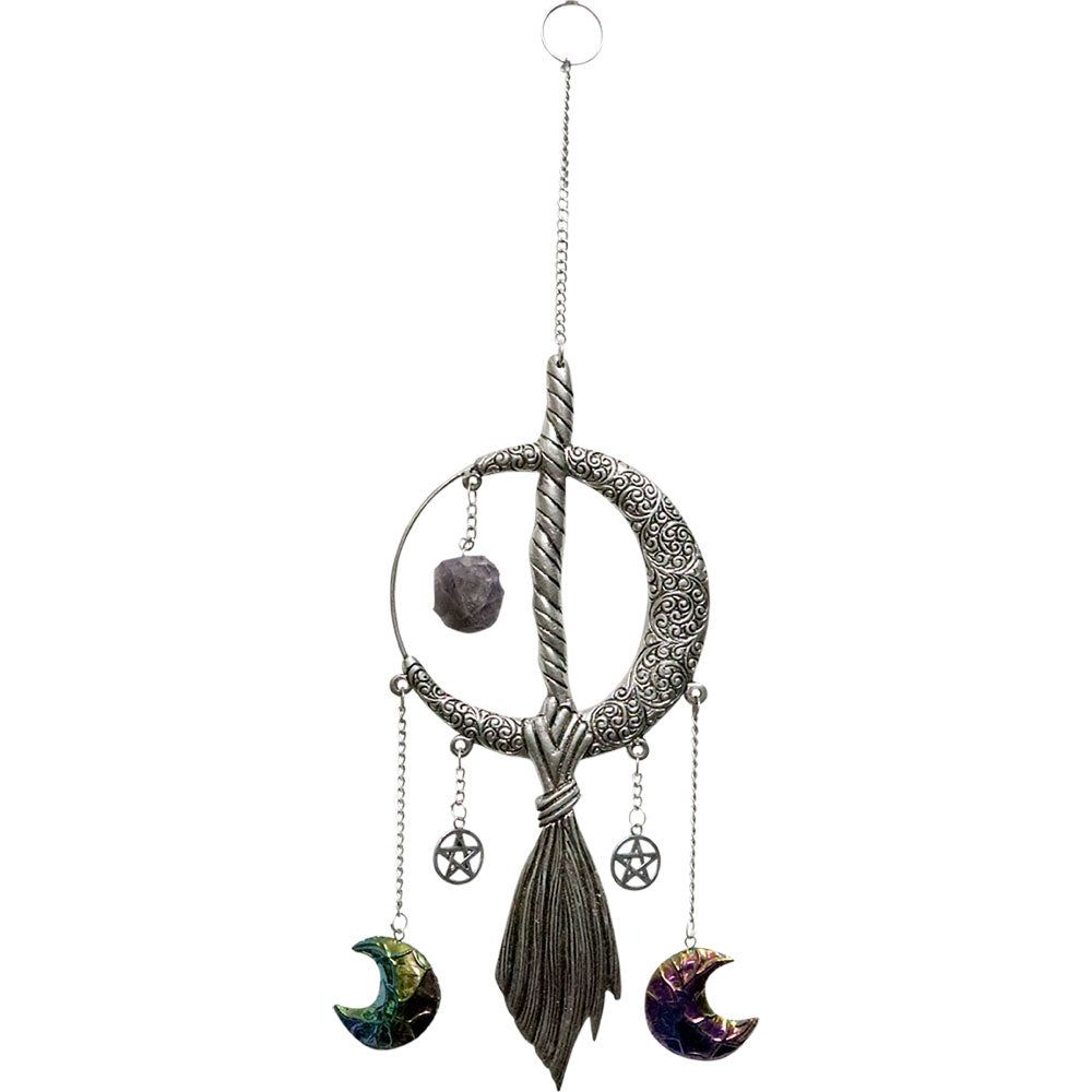 16&quot; Metal Wall Hanging Moon &amp; Broom with Amethyst, SKU KH-31325, UPC 700317391616