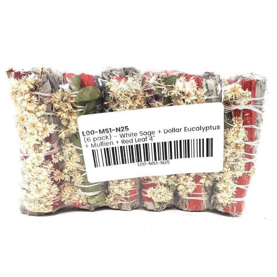 4&quot; White Sage, Dollar Eucalyptus, Mullein, Red Leaf Smudge Stick, SKU L03-MS1-N25-1, UPC 7003173784…
