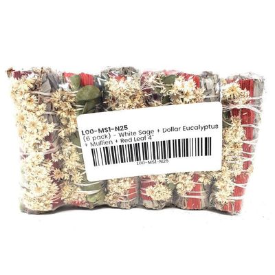 4&quot; White Sage, Dollar Eucalyptus, Mullein, Red Leaf Smudge Stick, SKU L03-MS1-N25-1, UPC 7003173784…