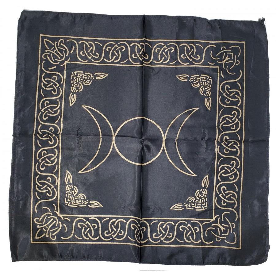 21&quot; Satin Altar Cloth - Triple Moon on Black &amp; Gold, SKU SC96-TM-Black, UPC 700317301837