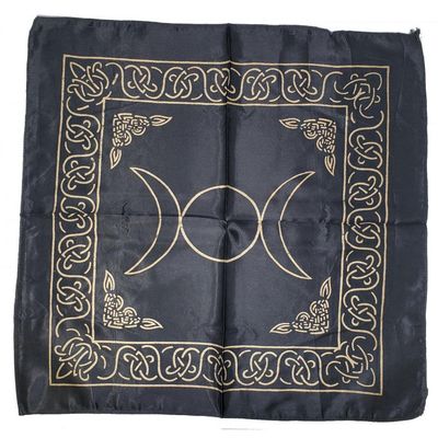 21&quot; Satin Altar Cloth - Triple Moon on Black &amp; Gold, SKU SC96-TM-Black, UPC 700317301837