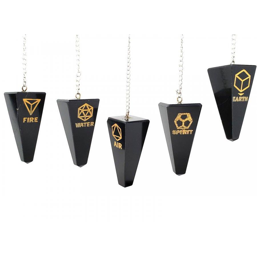 Black Agate Five Element Engraved Pendulum (Set of 5), SKU S04-PEND-103(5pack), UPC 700317371540