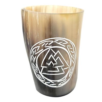 5&quot; Handcrafted Natural Buffalo Horn Cup - Norse Valknut, SKU MM07-C, UPC 700317309673