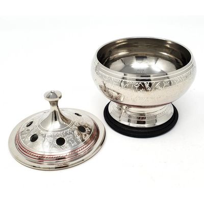 3&quot; Silver Finish Engraved Brass Screen Charcoal Burner with Wooden Coaster &amp; Lid, SKU 709, UPC 7003…