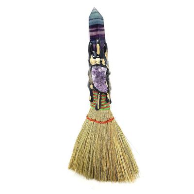 8&quot; Wicca Gemstone Broom - Rainbow Fluorite with Rough Amethyst, SKU T00-BRM-011, UPC 700317381440