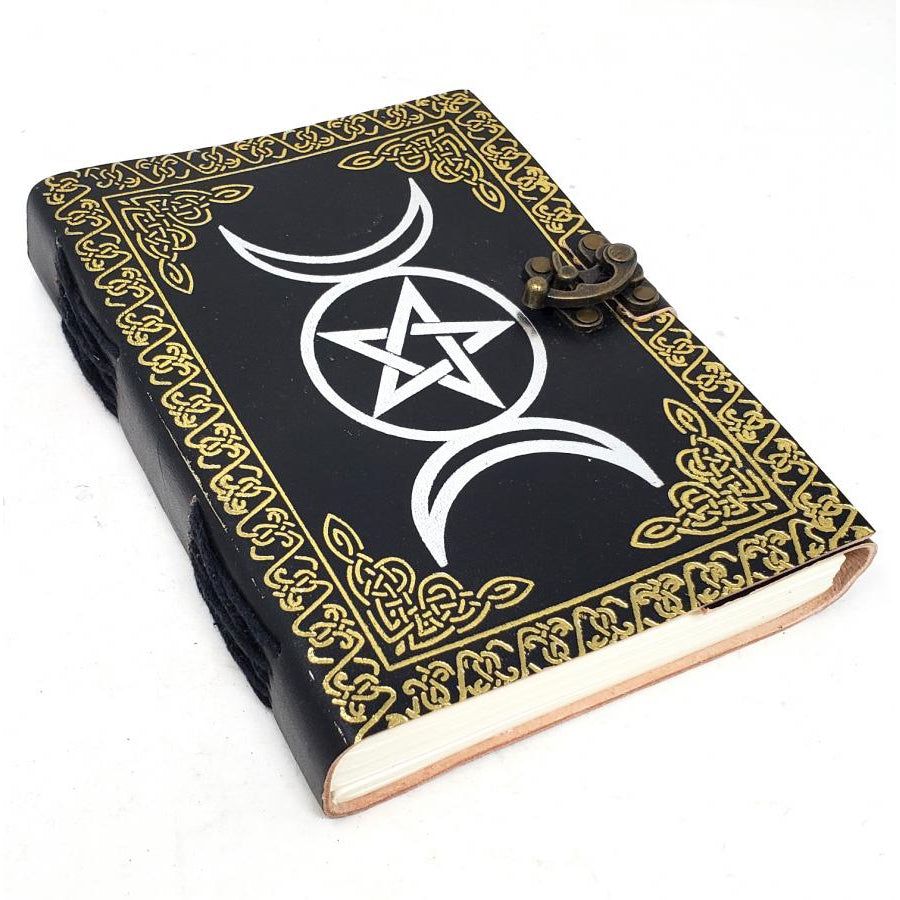 5&quot; x 7&quot; Triple Moon Gold &amp; Silver Leather Journal with Latch, SKU JB75-TMGS, UPC 700317301578