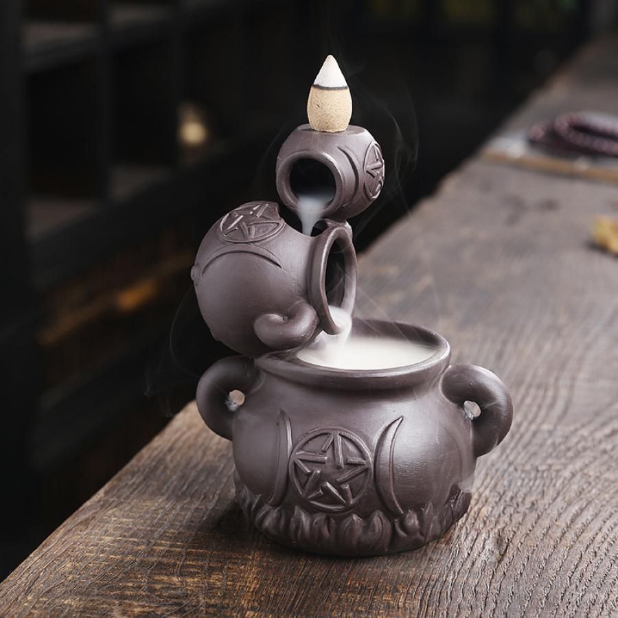 5&quot; Triple Moon Pentagram Cauldron Backflow Cone Incense Burner, SKU C00-BFL-39, UPC 700317380849