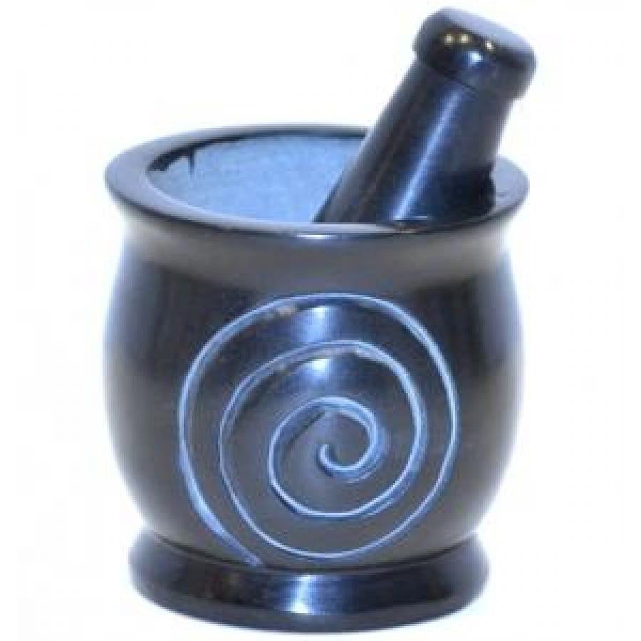 3&quot; Spiral Black Soapstone Mortar &amp; Pestle, SKU E01-SBR524, UPC 700317373728
