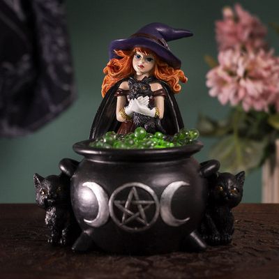 Witch and Black Cats with Cauldron Statue, SKU PG-15416, UPC 700317310747