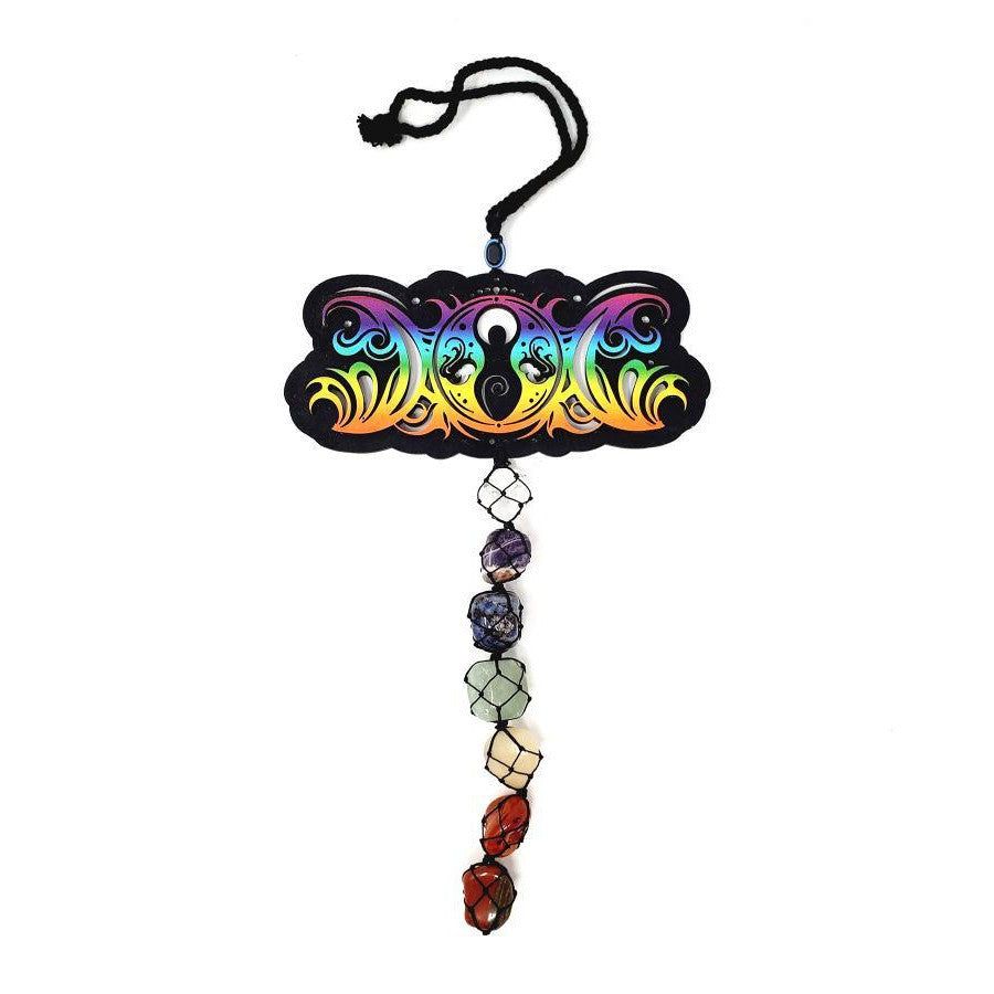 12&quot; Hanging Wooden Goddess of Earth Triple Moon Tumble Stones Hanging Decor, SKU S08-65-WH-O, UPC 7…