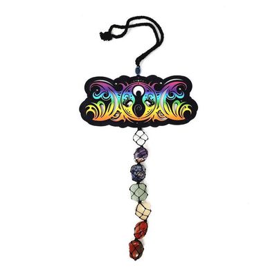 12&quot; Hanging Wooden Goddess of Earth Triple Moon Tumble Stones Hanging Decor, SKU S08-65-WH-O, UPC 7…
