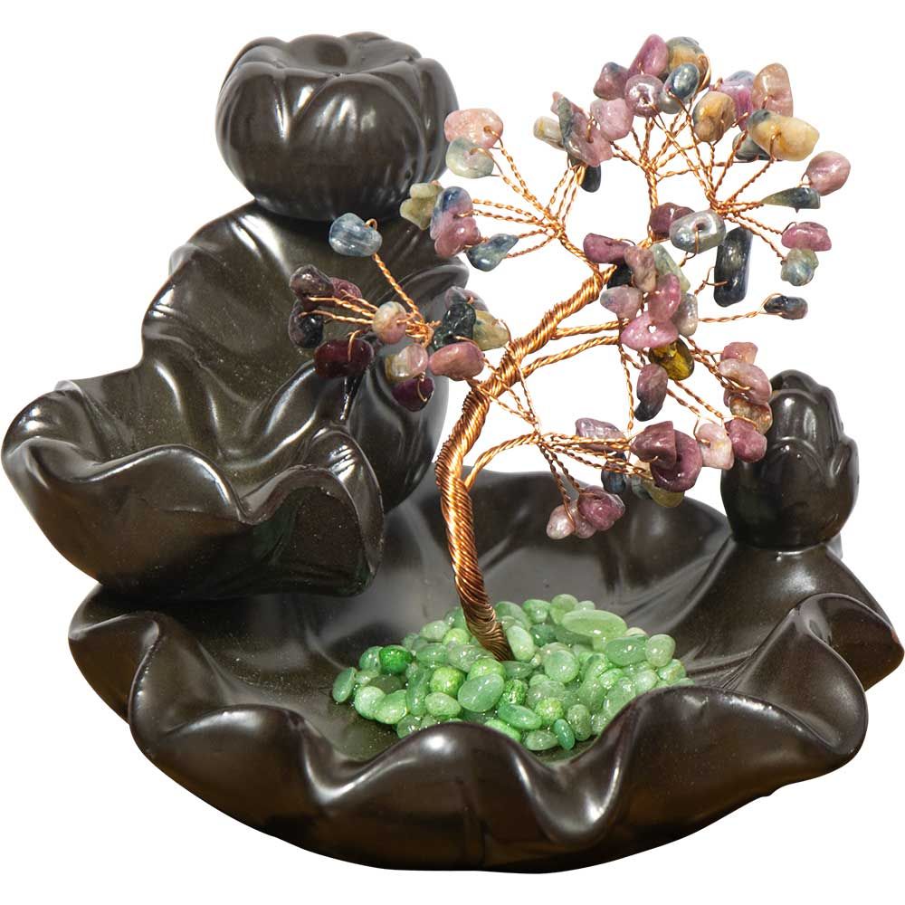 5.5&quot; Ceramic Backflow Incense Burner - Mixed Tourmaline Gem Tree, SKU KH-89775, UPC 700317378563