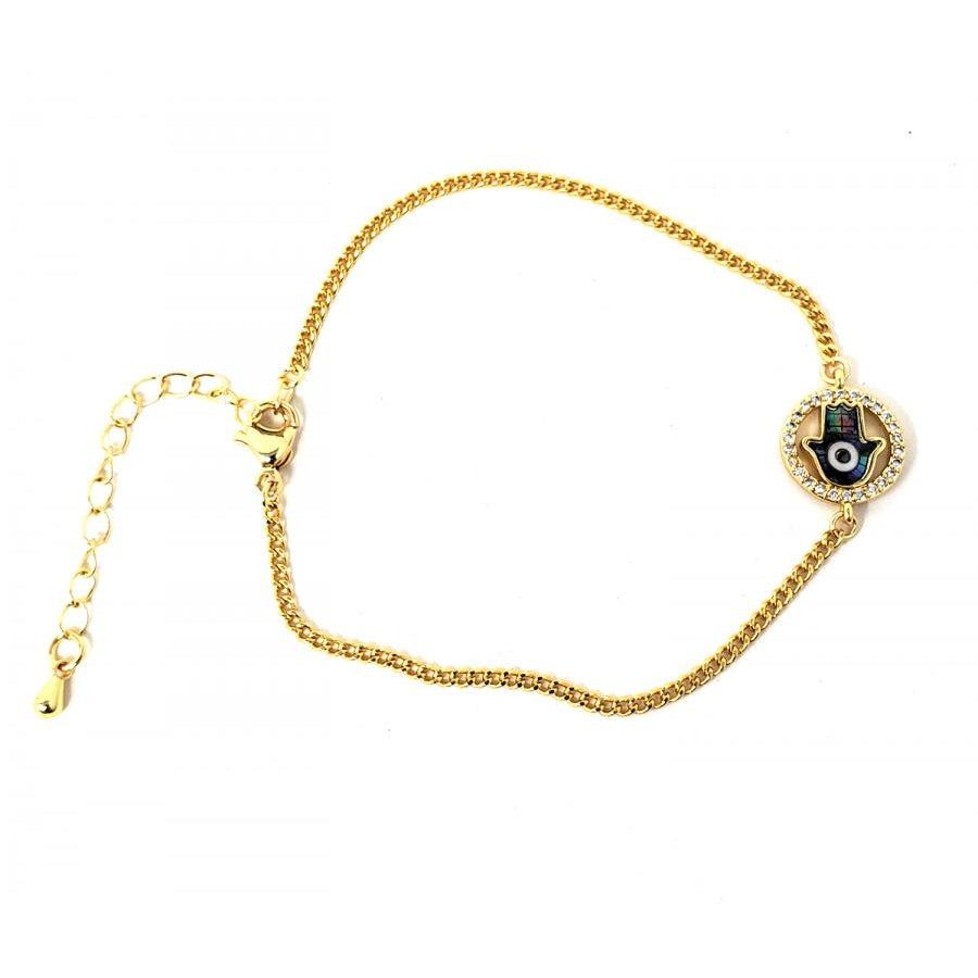 Abalone Hamsa Hand with Evil Eye Gold Bracelet, SKU Brace-05, UPC 700317301639
