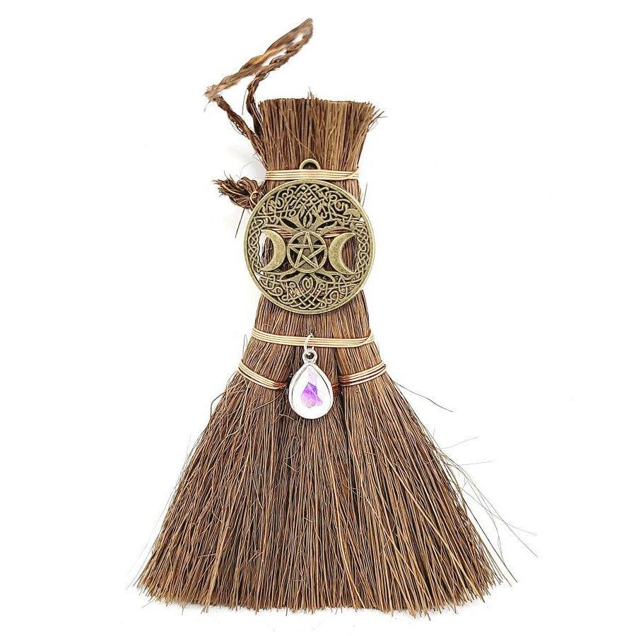 6&quot; Wicca Broom - Triple Moon Pentacle with Amethyst, SKU T00-BRM-014, UPC 700317381471