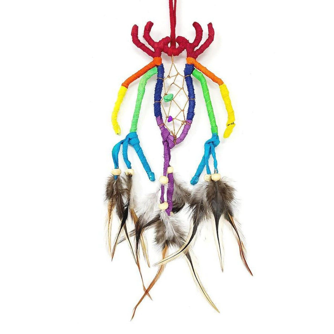 9&quot; Dream Catcher - Multi Colored Suede Spider with Beads &amp; Feathers, SKU U-118-DC59, UPC 7003173859…