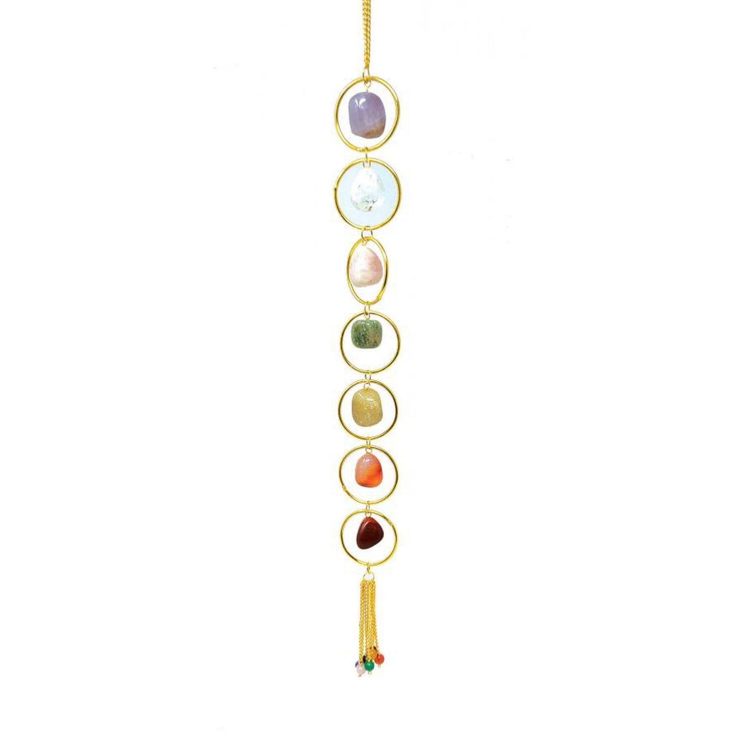 16&quot; Seven Chakra Tumbled Stone Wall Hanging with Gold Rings, SKU WH9, UPC 700317301394