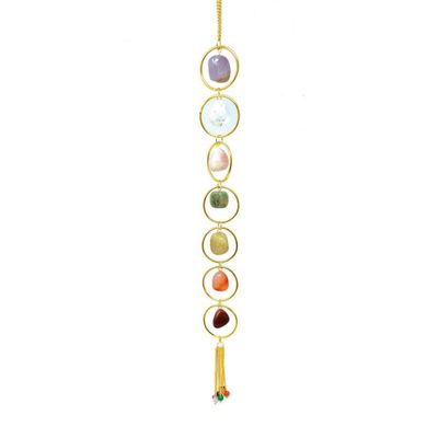 16&quot; Seven Chakra Tumbled Stone Wall Hanging with Gold Rings, SKU WH9, UPC 700317301394