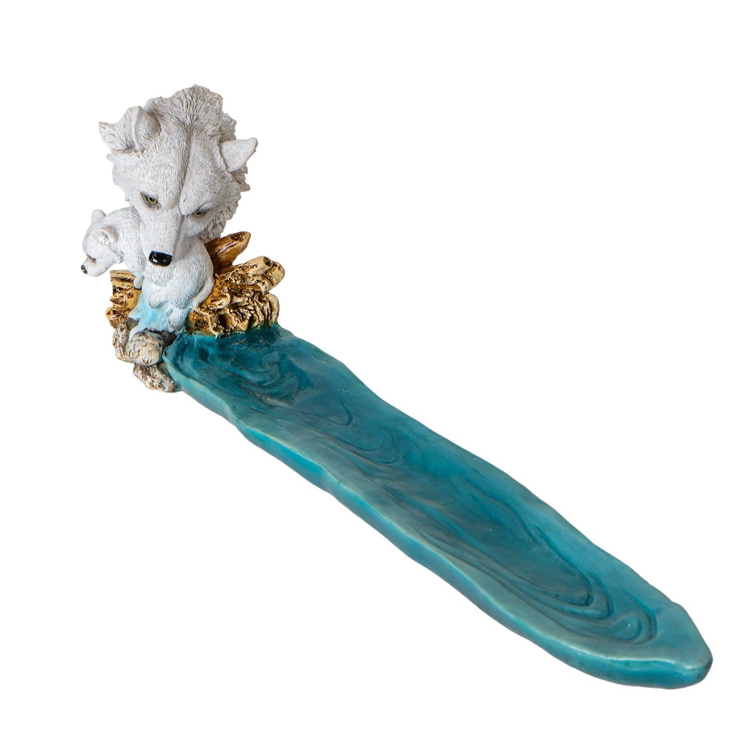 11.1&quot; White Wolf and Pup Stick Incense Burner, SKU PG-15994, UPC 700317395478
