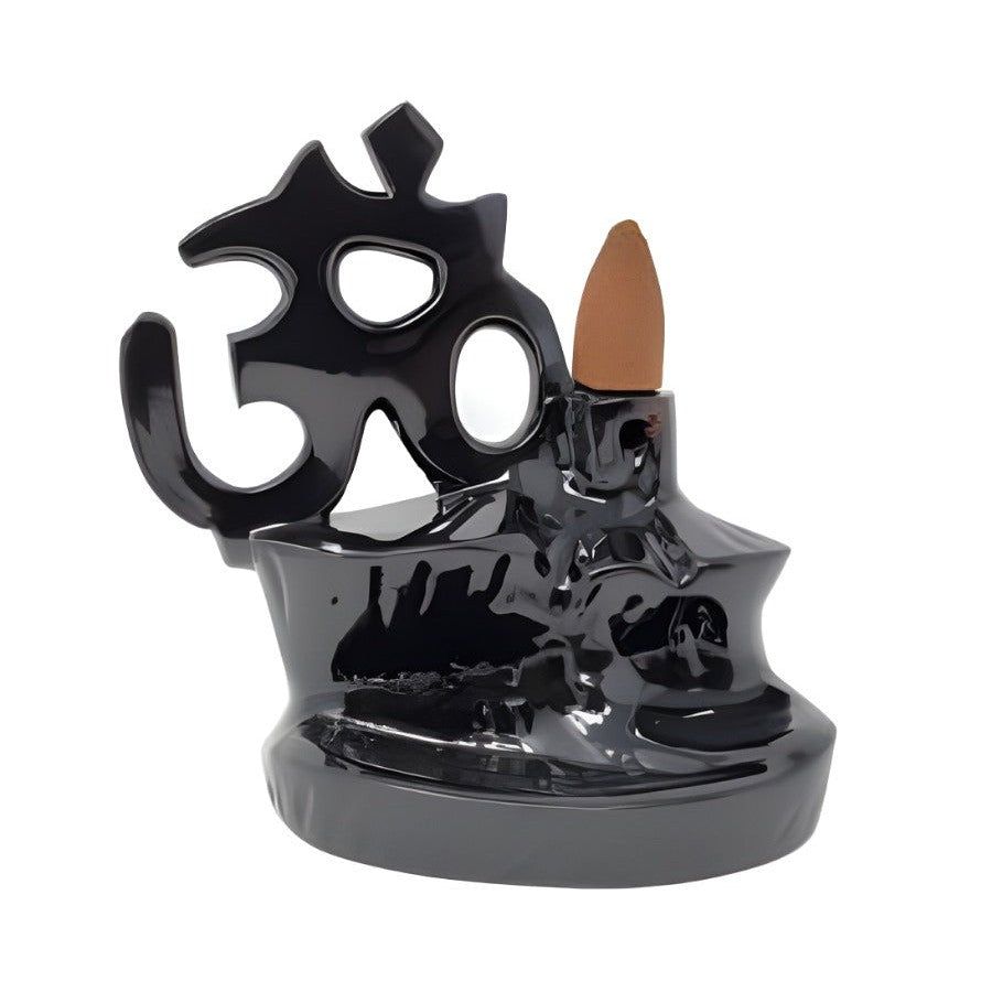 4.5&quot; Om Metal Backflow Cone Incense Burner, SKU B04-BFL-01, UPC 700317380917