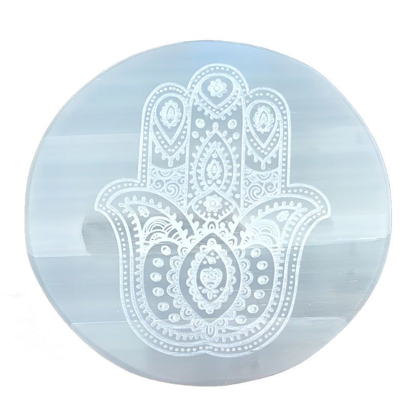 3&quot; Selenite Altar Tile - Hamsa Hand, SKU Charger-02, UPC 700317305484
