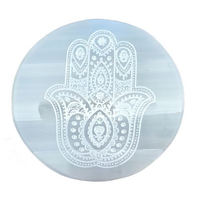 3&quot; Selenite Altar Tile - Hamsa Hand, SKU Charger-02, UPC 700317305484