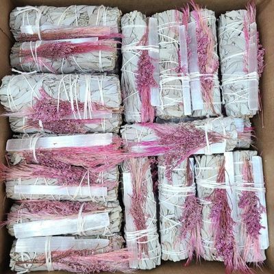 4&quot; White Sage &amp; Pink Floral with Selenite Crystal Smudge Stick, SKU MS1-N70-D25, UPC 700317397373