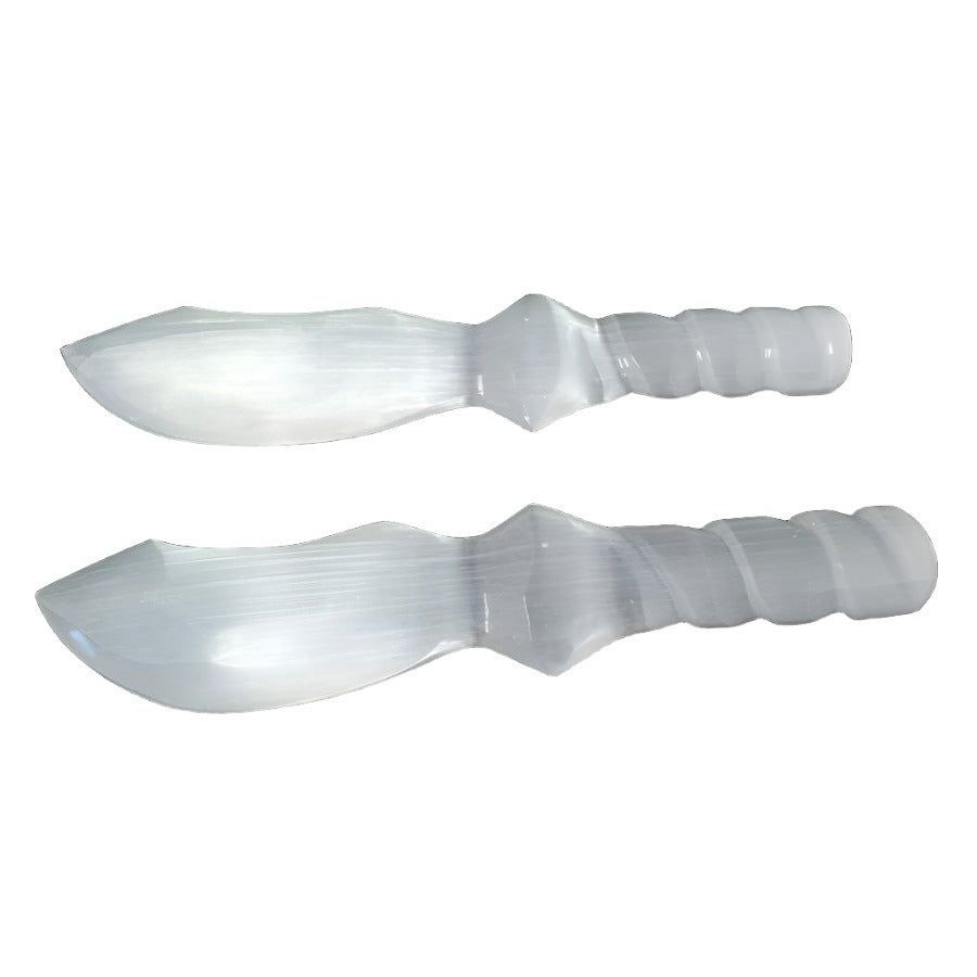 8&quot; Selenite Spiral Carved Altar Athame, SKU SEL-Knife Spiral, UPC 700317305491