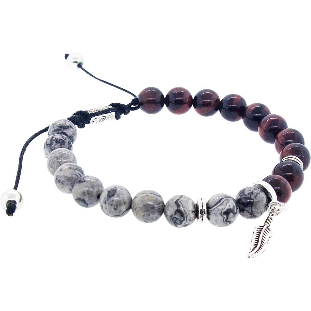 8 mm Adjustable Bracelet Round Beads - Red Tiger Eye &amp; Jasper with Feather, SKU KH-98425, UPC 70031…