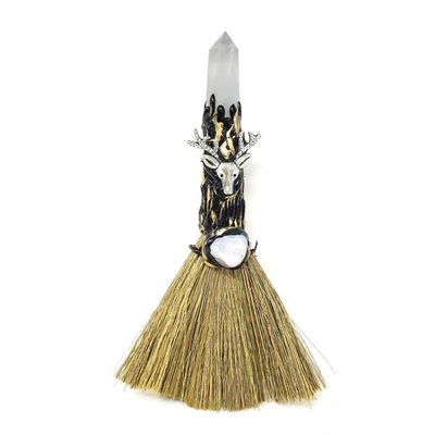8&quot; Wicca Gemstone Broom - Quartz with Silver Deer, SKU T00-BRM-009, UPC 700317381464