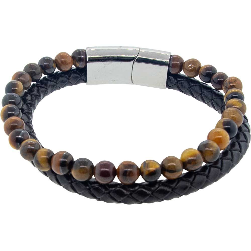 8 mm Tiger Eye &amp; Leather Double Bracelet with Stainless Steel Clasp, SKU KH-98398, UPC 700317398820