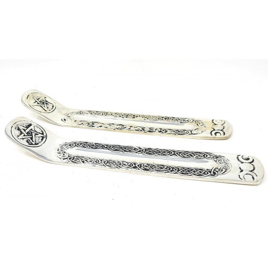 9&quot; Triple Moon &amp; Pentacle Silver Plated Metal Incense Burner, SKU C00-033-ER10S-1, UPC 700317383376