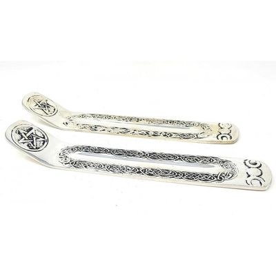 9&quot; Triple Moon &amp; Pentacle Silver Plated Metal Incense Burner, SKU C00-033-ER10S-1, UPC 700317383376
