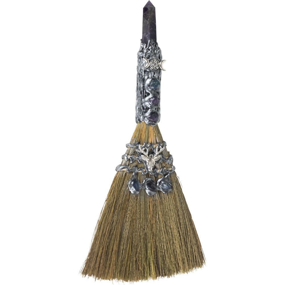 13&quot; Wicca Gemstone Broom - Amethyst with Silver Triple Moon, SKU KH-27360, UPC 700317353805