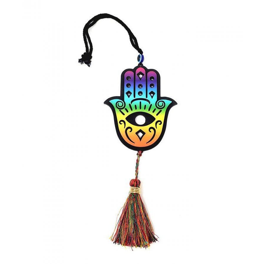 9&quot; Hanging Wooden Hamsa Hand Evil Eye Hanging Decor, SKU S08-62-WH-L, UPC 700317385806