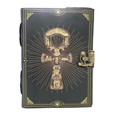 5&quot; x 7&quot; Ankh Print on Black Leather Journal with Latch, SKU JB75-ANKH, UPC 700317314042
