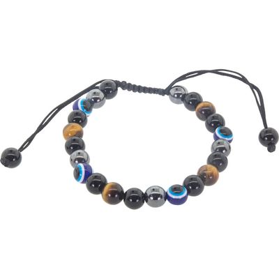 8 mm Adjustable Bracelet Tiger Eye &amp; Hematite with Evil Eye &amp; Black Glass Bracelet, SKU KH-98870, U…