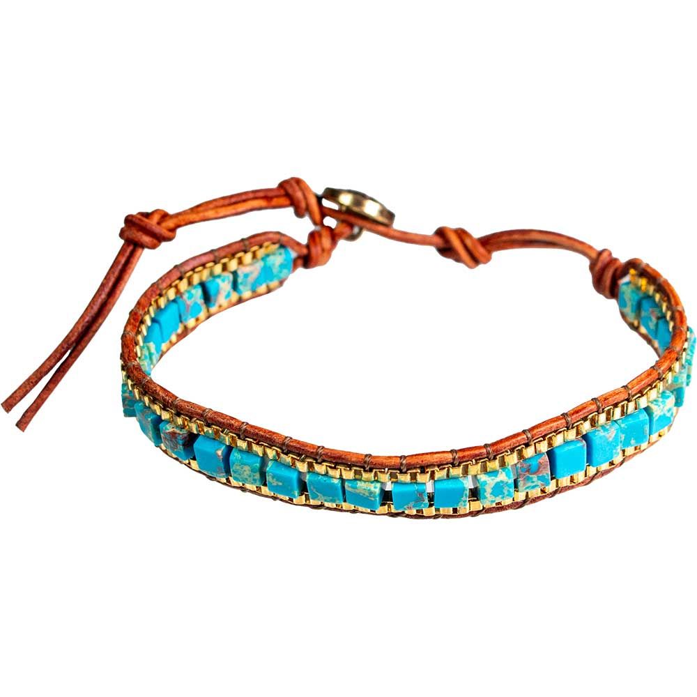 Adjustable Weave Bracelet Square Beads - Imperial Jasper with Gold Accent, SKU KH-98380, UPC 700317…