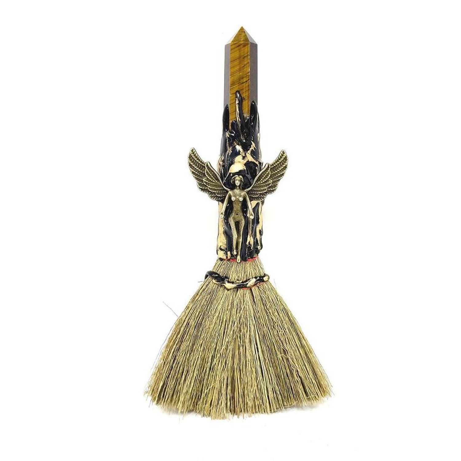 8&quot; Wicca Gemstone Broom - Tiger&#39;s Eye with Gold Angel, SKU T00-BRM-005, UPC 700317381389