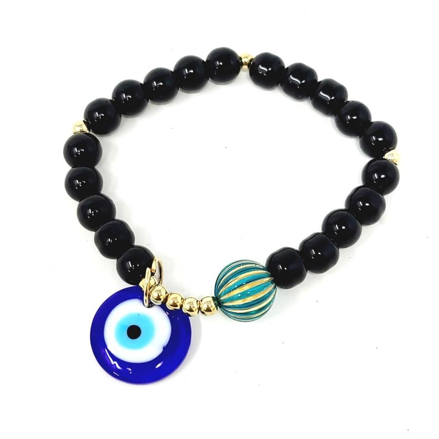 Elastic Bracelet Round Beads - Black &amp; Gold with Evil Eye Charm, SKU T00-Bracelet-10, UPC 700317381…