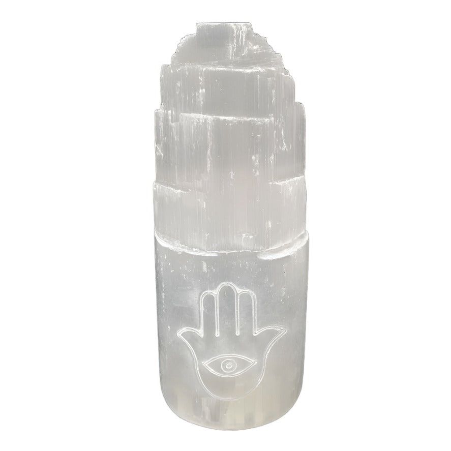 4&quot; Selenite Iceberg with Carved Hamsa Hand, SKU SELTW-10-Hamsa, UPC 700317303930