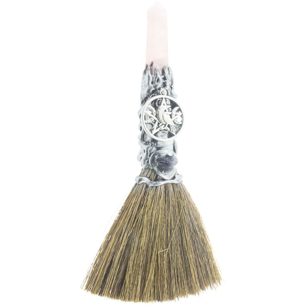 8&quot; Wicca Gemstone Broom - Rose Quartz with Silver Raven, SKU KH-27353, UPC 700317353744