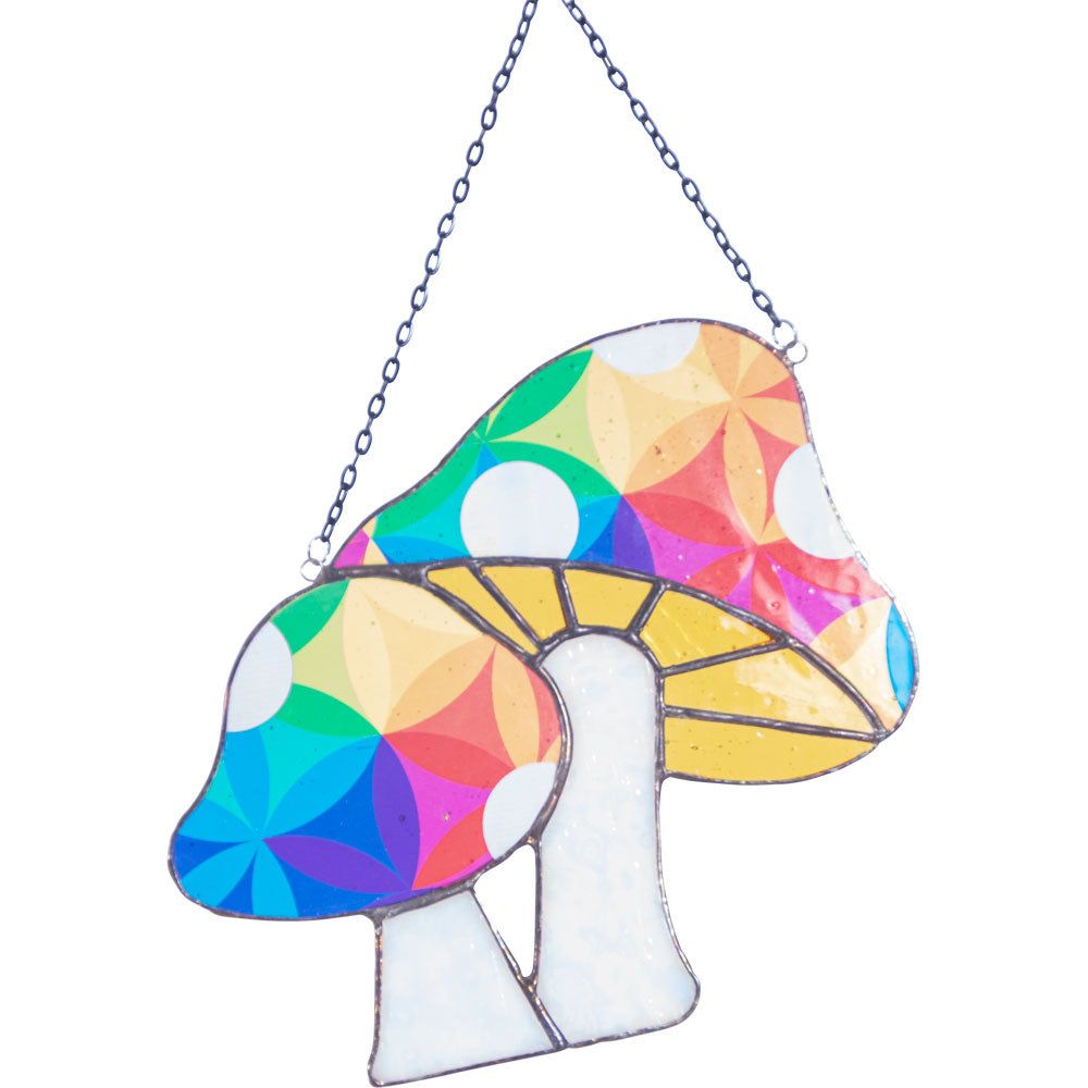 7.75&quot; Glass Suncatcher - Mushrooms, SKU KH-63091, UPC 700317353454