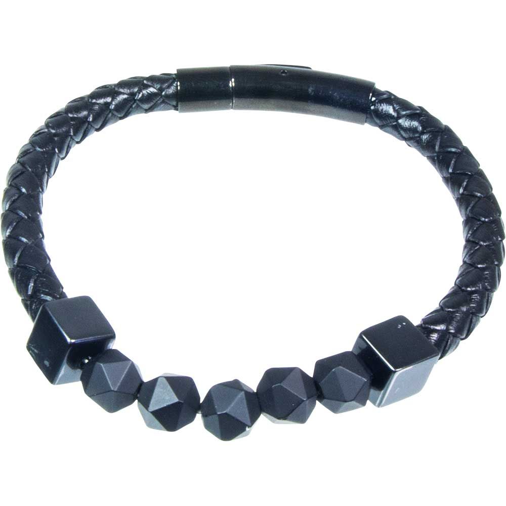 Black Leather Stainless Steel Clasp Bracelet with Black Ceramic Beads, SKU KH-98397, UPC 7003173988…